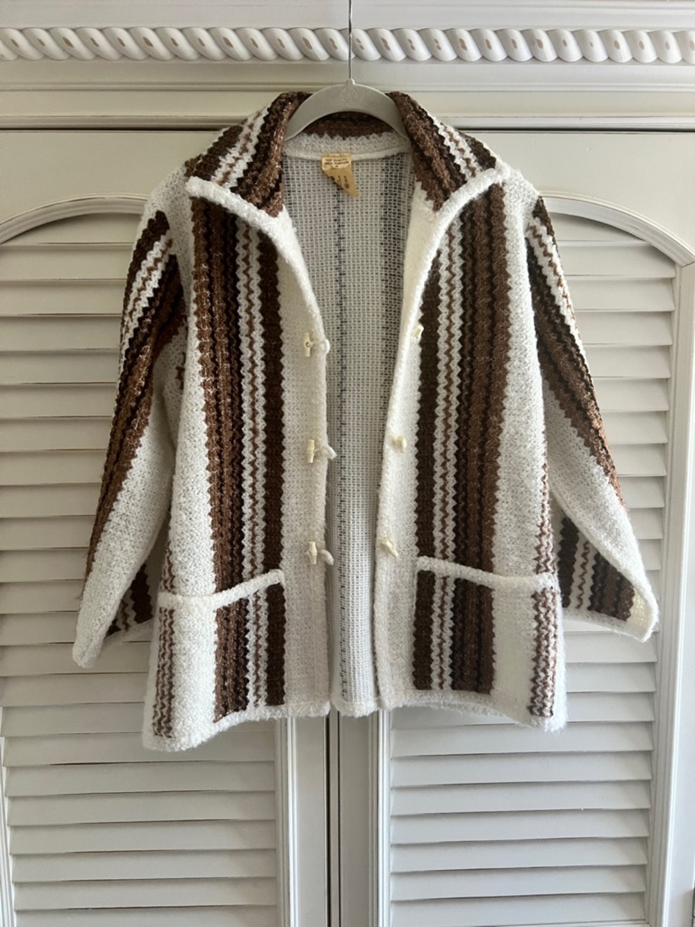Vintage 70s England Chenille Striped Bouclé Toggle Jacket - Brown & Cream